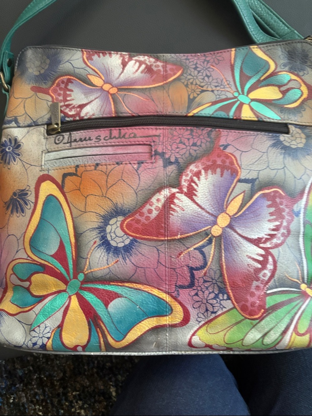 Anuschka Hand-Painted Butterfly Shoulder Bag in Teal, Purple & Multicolor